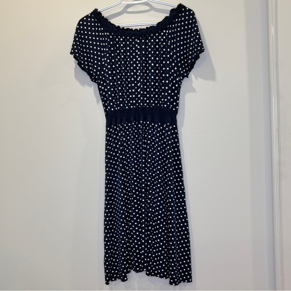 Polka Dot Blue and White Fit and Flare Dress with Ruched Crew Neck Size M - Picture 3 of 12
